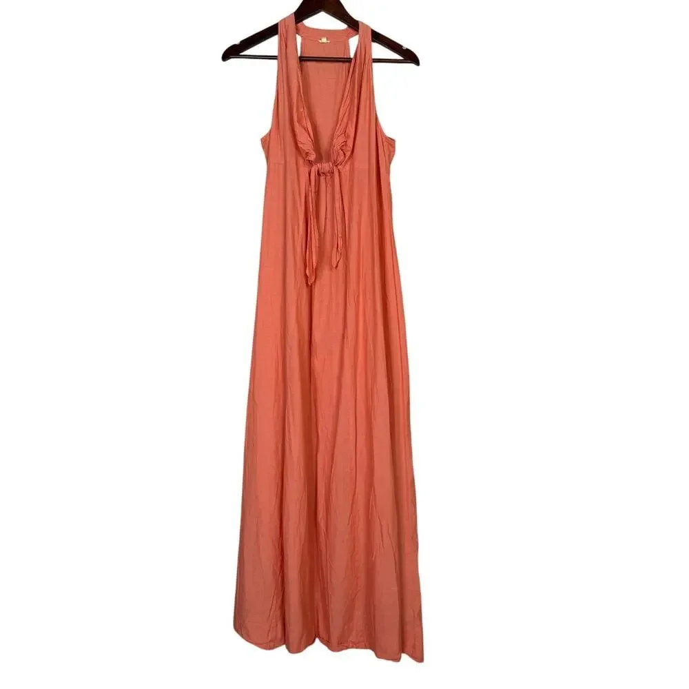 J.Crew Chambray  Sleeveless Halter Tie Front Maxi Dress VNeck Lightweight Salmon